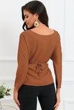 Boat Neck Back Tie Long Sleeve Satin Blouse - Flyclothing LLC