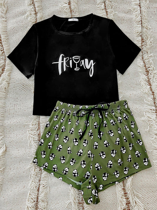 Graphic Tee and Panda Print Shorts Lounge Set - Trendsi