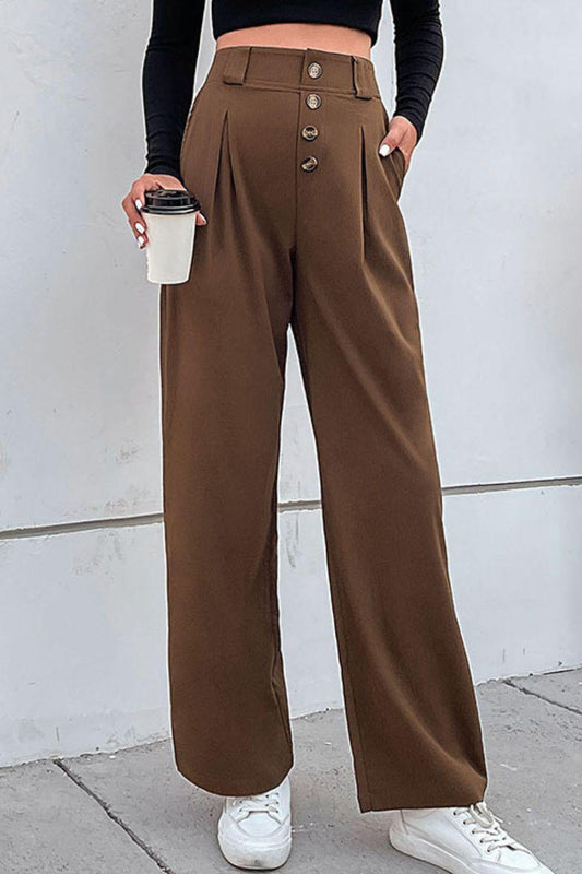 Button-Fly Pleated Waist Wide Leg Pants with Pockets - Flyclothing LLC