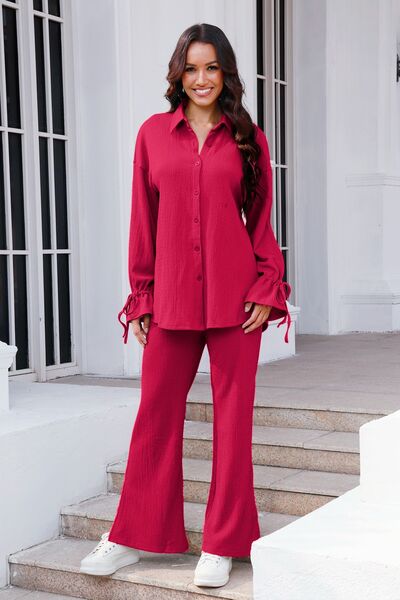 Drawstring Flounce Sleeve Shirt and Pants Set - Flyclothing LLC