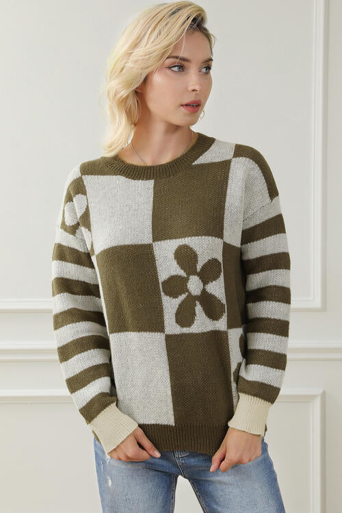 Contrast Round Neck Long Sleeve Sweater - Trendsi