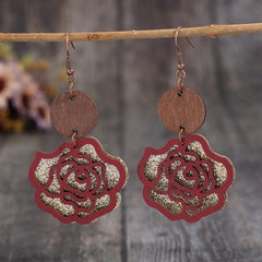 Wooden Alloy Rose Shape Dangle Earrings - Flyclothing LLC