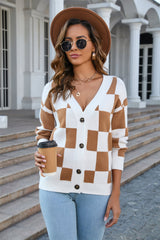 Button-Up Plaid V-Neck Dropped Shoulder Cardigan - Trendsi