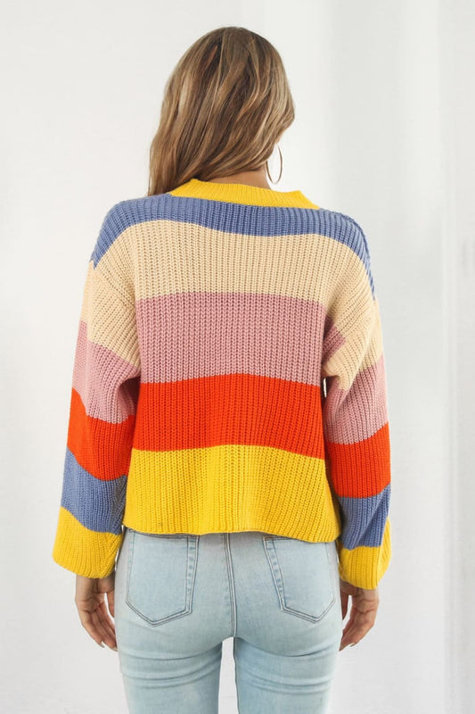 Color Block Button-Down Dropped Shoulder Cardigan - Trendsi