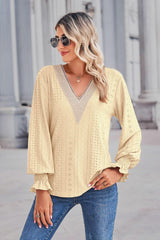 Contrast V-Neck Flounce Sleeve Top - Flyclothing LLC