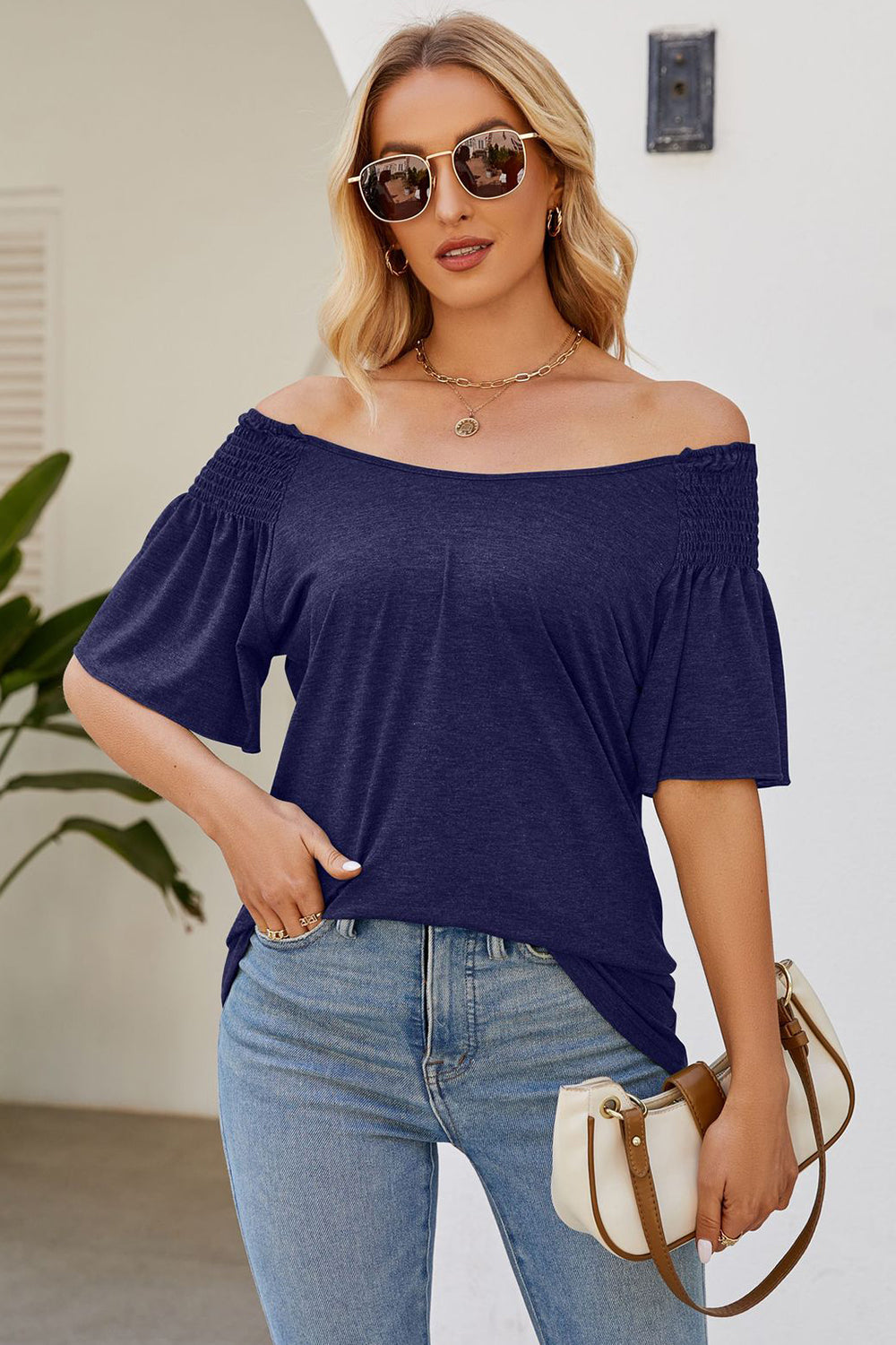 Smocked Round Neck Flutter Sleeve T-Shirt - Flyclothing LLC