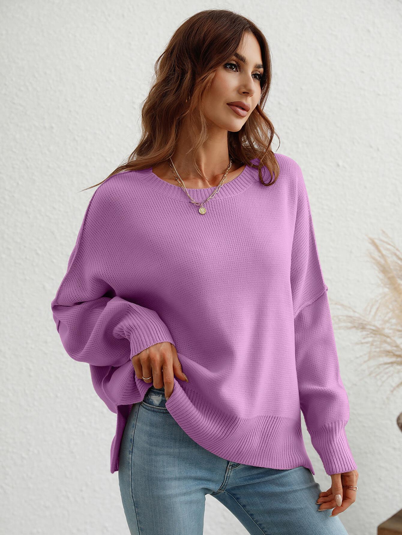 Exposed Seam Dropped Shoulder Slit Sweater - Trendsi