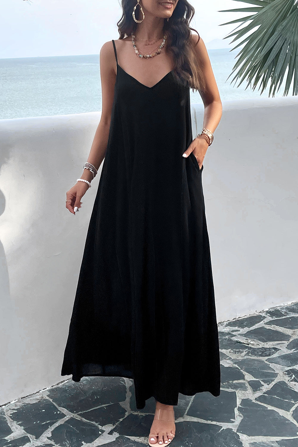 Backless Maxi Cami Dress with Pockets - Flyclothing LLC