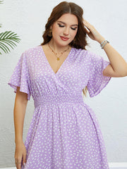 Plus Size Printed Smocked Waist Surplice Dress - Flyclothing LLC