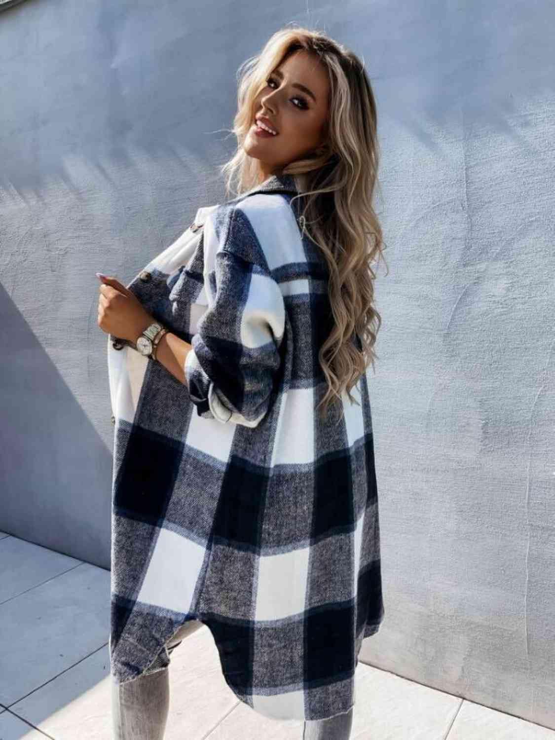 Plaid Collared Neck Longline Shirt - Flyclothing LLC