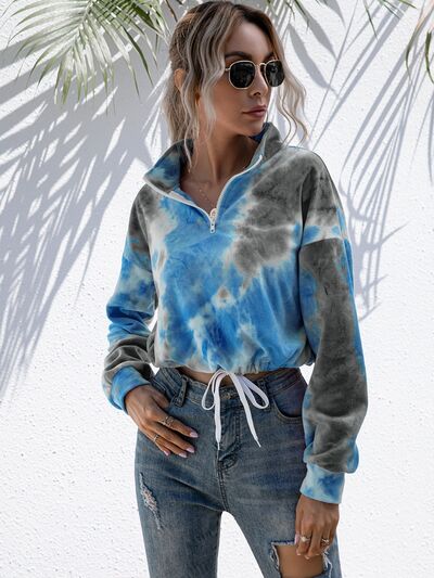 Tie-Dye Quarter Zip Dropped Shoulder Sweatshirt - Flyclothing LLC