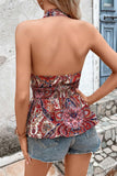 Printed Halter Neck Smocked Peplum Top - Trendsi