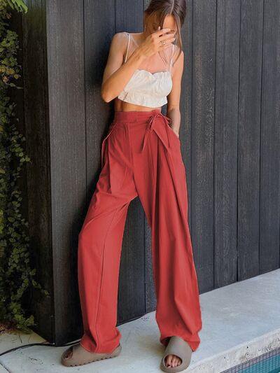 Tied High Waist Wide Leg Pants - Flyclothing LLC