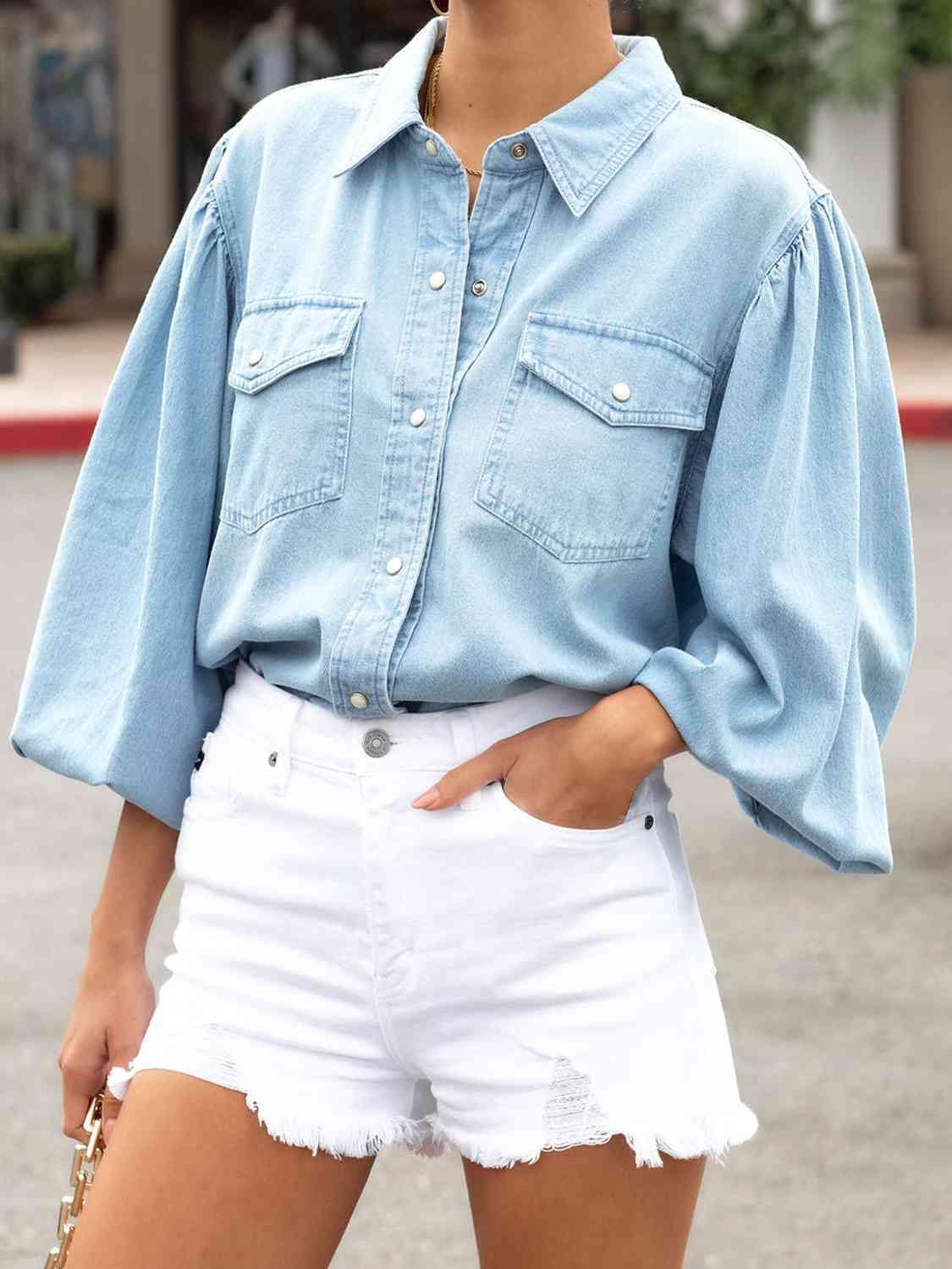 Snap Down Puff Sleeve Denim Jacket - Flyclothing LLC