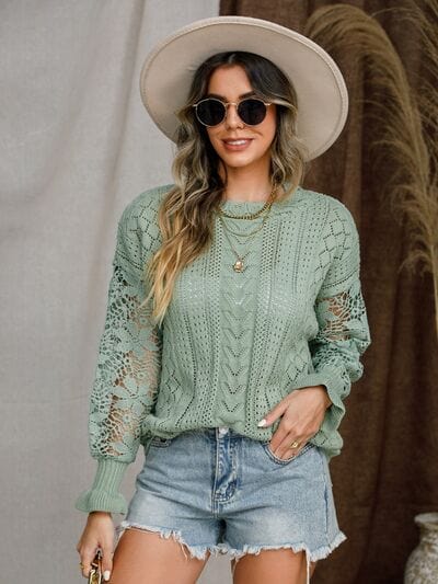 Eyelet Crochet Lantern Sleeve Sweater - Trendsi