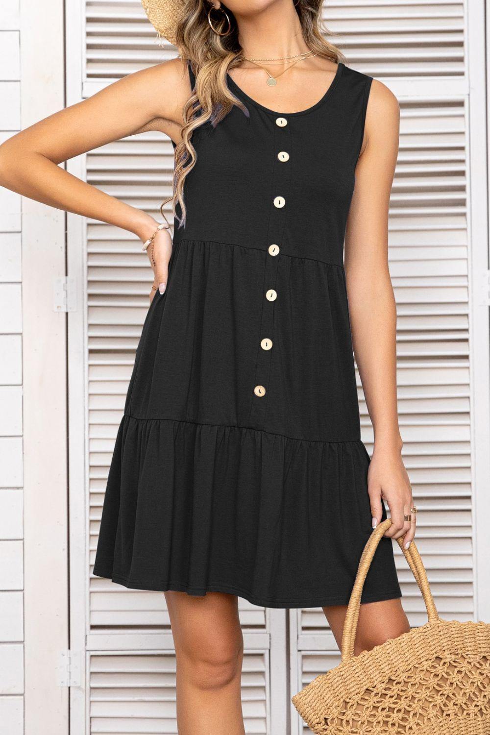 Decorative Button Scoop Neck Sleeveless Tiered Dress - Flyclothing LLC