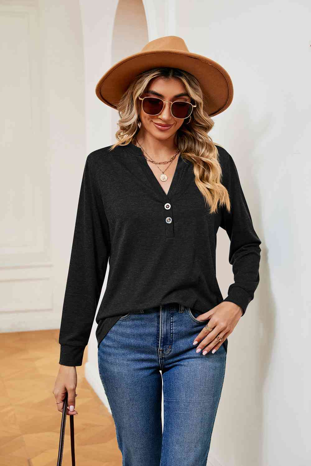 Buttoned Notched Neck Long Sleeve Top - Trendsi