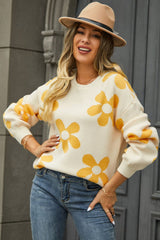 Floral Print Round Neck Dropped Shoulder Pullover Sweater - Flyclothing LLC