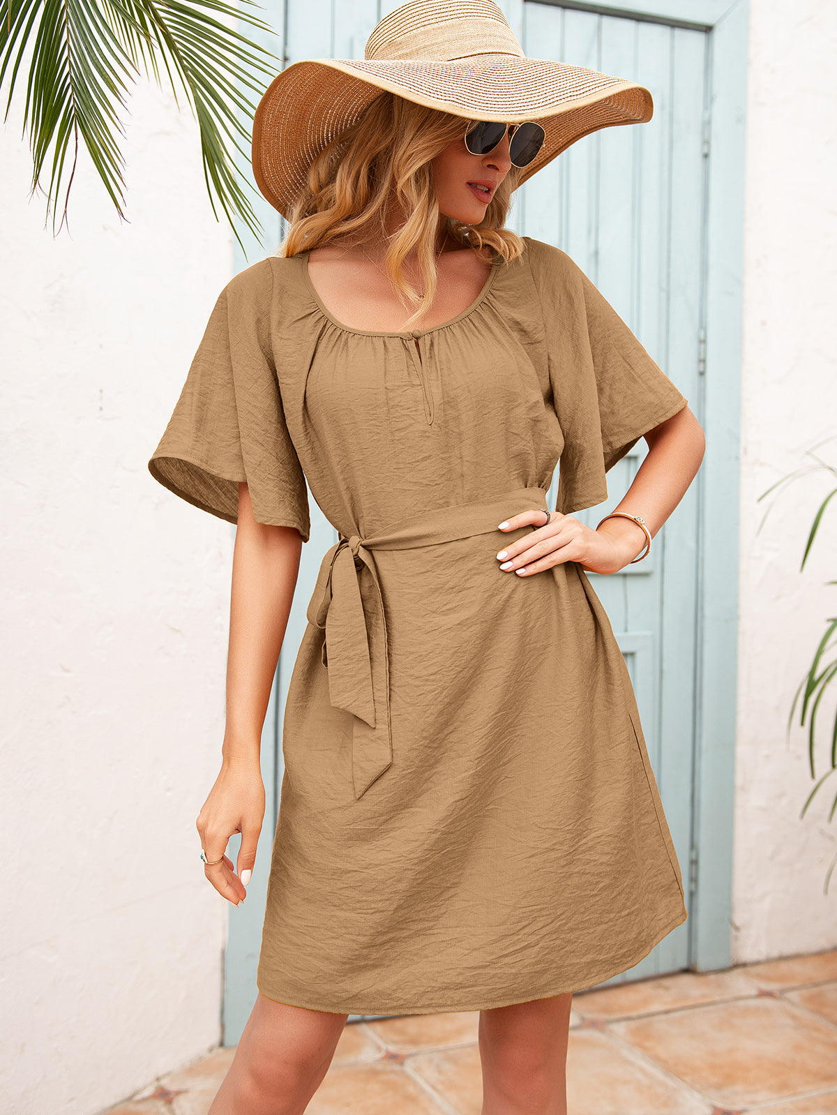 Tie Waist Flutter Sleeve Mini Dress - Flyclothing LLC