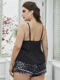 Plus Size Lace Trim Scoop Neck Cami and Printed Shorts Pajama Set - Flyclothing LLC