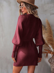 Belted Surplice Lantern Sleeve Wrap Sweater Dress - Trendsi