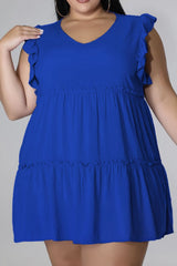 Plus Size V-Neck Frill Trim Mini Dress - Flyclothing LLC