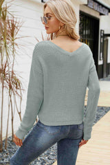 Waffle-Knit Drawstring Detail V-Neck Sweater - Flyclothing LLC