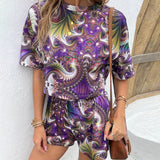 Printed Round Neck Dropped Shoulder Half Sleeve Top and Shorts Set - Flyclothing LLC