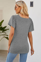 Smocked Round Neck Flutter Sleeve T-Shirt - Flyclothing LLC