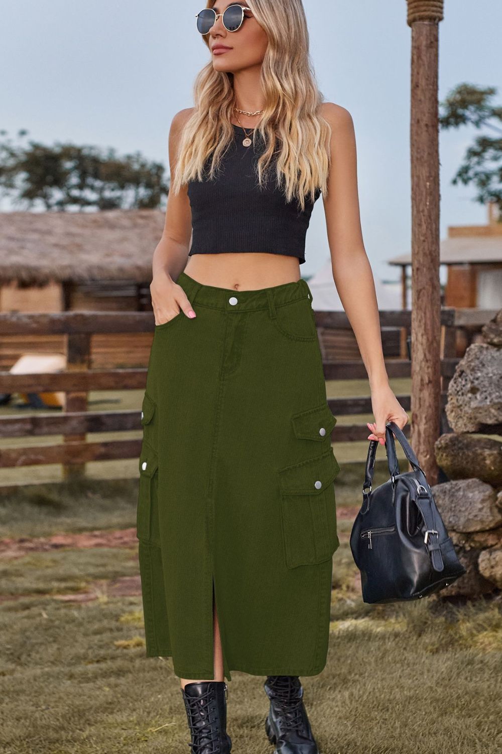 Slit Front Midi Denim Skirt with Pockets - Flyclothing LLC