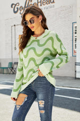 Wave Stripe Ribbed Trim Tunic Sweater - Flyclothing LLC