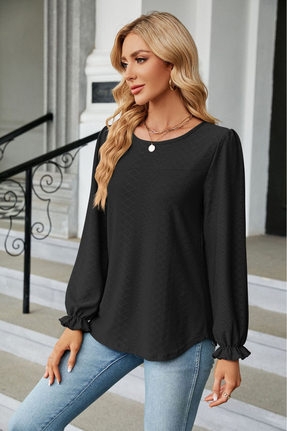 Round Neck Flounce Sleeve Blouse - Charcoal / S