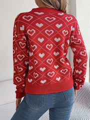 Heart Pattern V-Neck Long Sleeve Sweater - Flyclothing LLC