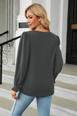 Round Neck Smocked Flounce Sleeve Blouse - Flyclothing LLC