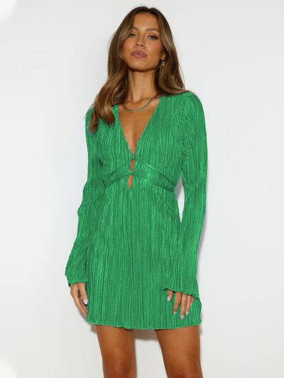 Tied Plunge Flare Sleeve Mini Dress - Flyclothing LLC