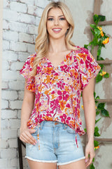 Floral Tie Neck Flutter Sleeve Blouse - Flyclothing LLC