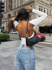 Backless Round Neck Long Sleeve Blouse - Flyclothing LLC