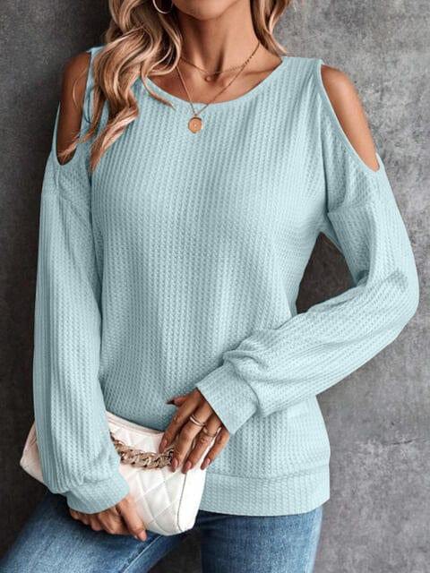 Round Neck Cold-Shoulder Waffle-Knit Top - Trendsi