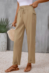 Tie Waist Pocketed Long Pants - Flyclothing LLC