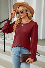 Round Neck Smocked Flounce Sleeve Blouse - Flyclothing LLC