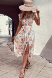 Floral Smocked Butterfly Sleeve Slit Dress - Flyclothing LLC