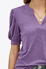 Notched Neck Puff Sleeve Tee - Flyclothing LLC