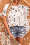 Floral Boat Neck Flounce Sleeve Blouse - Flyclothing LLC