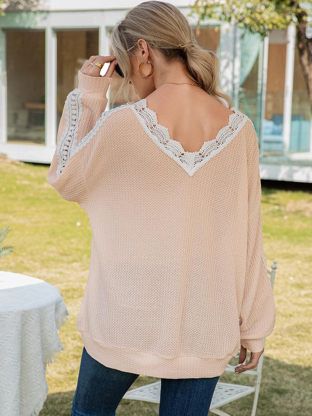 Contrast Spliced Lace V-Neck Top - Flyclothing LLC