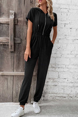 Zip-Up Short Sleeve Hooded Jumpsuit with Pockets - Flyclothing LLC