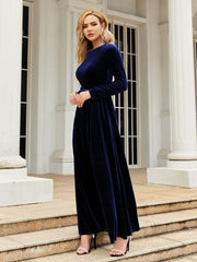 Tie Front Round Neck Long Sleeve Maxi Dress - Flyclothing LLC