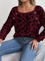 Leopard Buttoned Square Neck Sweater - Flyclothing LLC