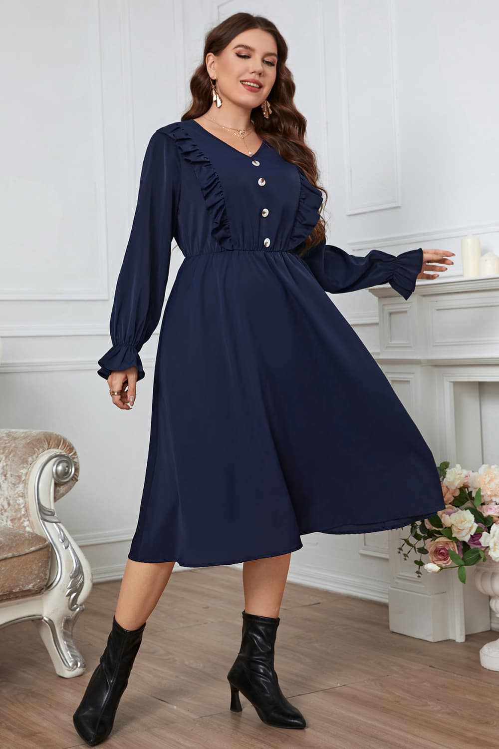 Plus Size V-Neck Buttoned Flounce Sleeve Dress - Flyclothing LLC