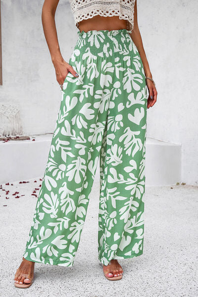 Smocked Printed Wide Leg Pants with Pockets - Flyclothing LLC