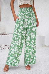 Smocked Printed Wide Leg Pants with Pockets - Flyclothing LLC